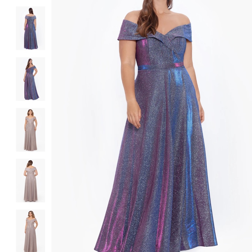XSCAPE Women's Off-The-Shoulder Shimmer Wrap Style Gown. Multi/silver/purple
